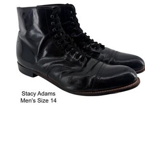 Stacy Adams Madison Mens 14 D Black Leather Cap Toe Lace Up Dress Boots 00015-01
